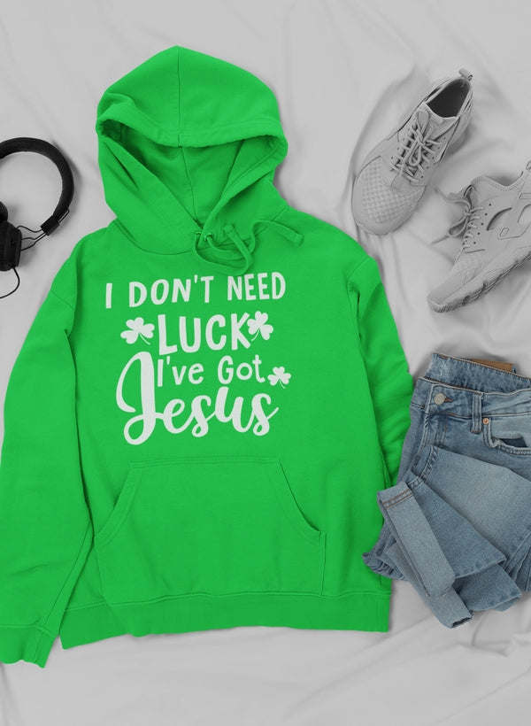 Bright green pullover hoodie with drawstring hood and front slogan graphic