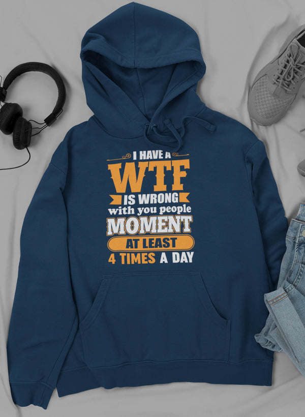 Navy pullover hoodie with front graphic text, hood and kangaroo pocket, drawstrings