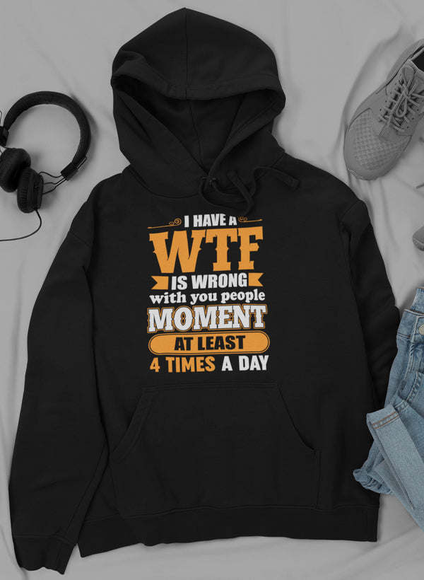 Black pullover hoodie with front graphic text, hood and kangaroo pocket, drawstrings