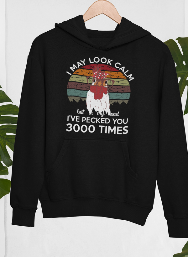Black pullover hoodie with front graphic print, kangaroo pocket, drawstring hood