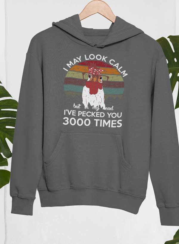 Dark gray pullover hoodie with front graphic and text, kangaroo pocket, hood with drawstrings