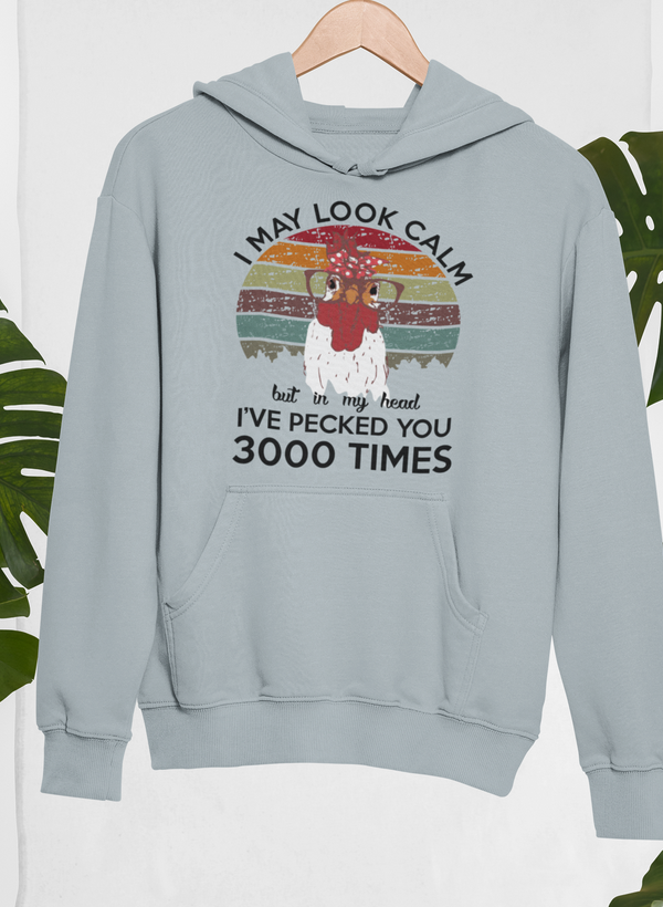 Light blue pullover hoodie with front graphic and text, kangaroo pocket, hood with drawstrings
