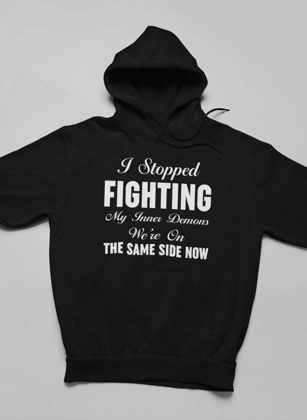 Black pullover hoodie with front graphic text and kangaroo pocket