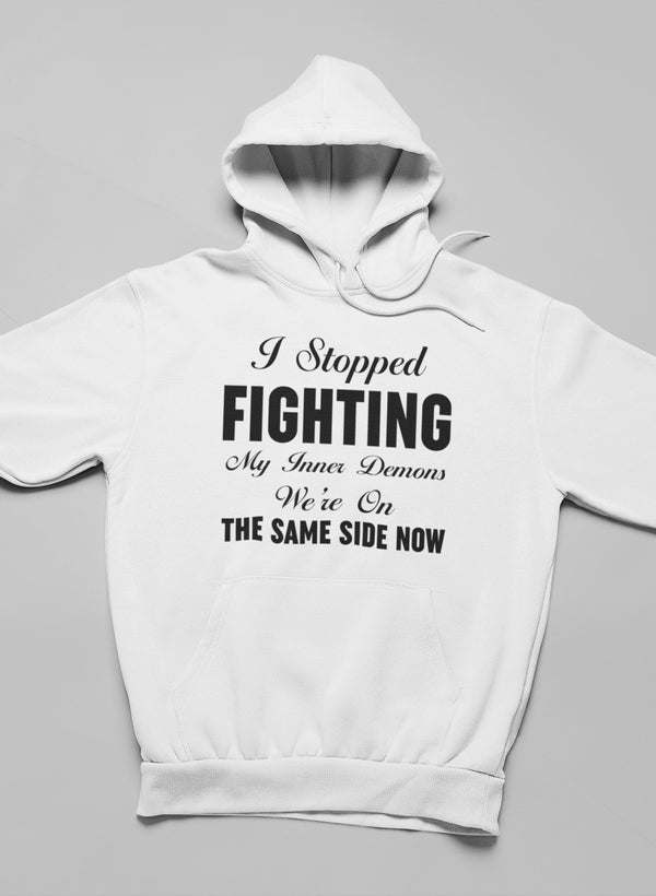 White pullover hoodie with front text graphic and kangaroo pocket