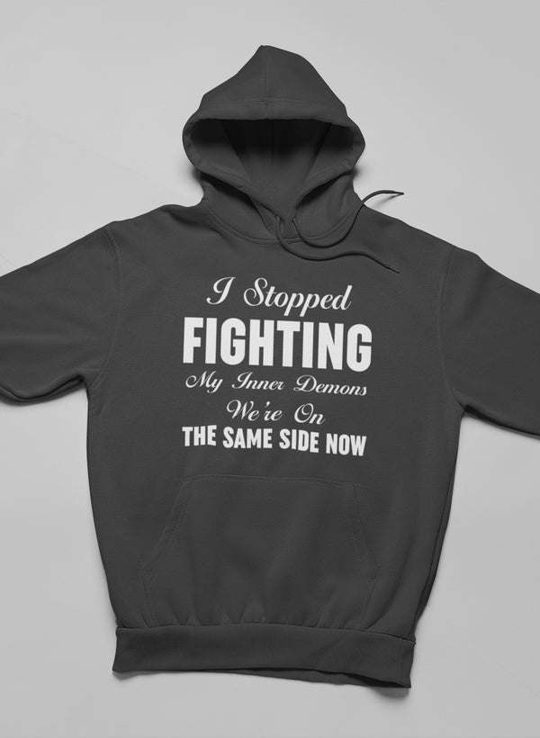 Dark gray hoodie with front text graphic, kangaroo pocket, and drawstring hood.