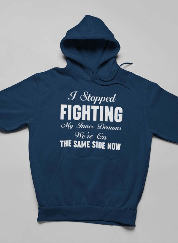 Navy blue hoodie with front text graphic, kangaroo pocket, and drawstring hood.