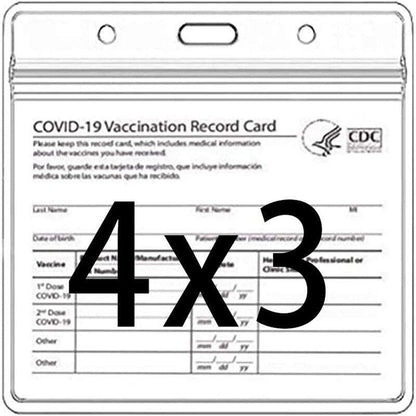 Clear plastic vaccination record card holder with printed form and “4x3” label