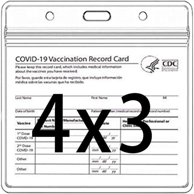 Clear plastic vaccination record card holder with printed form and large “4x3”