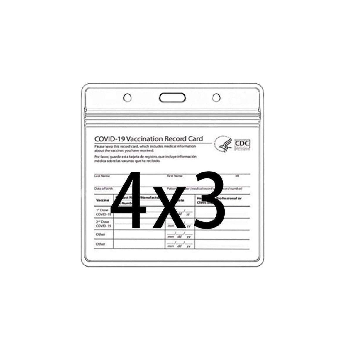 Clear plastic card holder with vaccination record form, “4x3” on the front