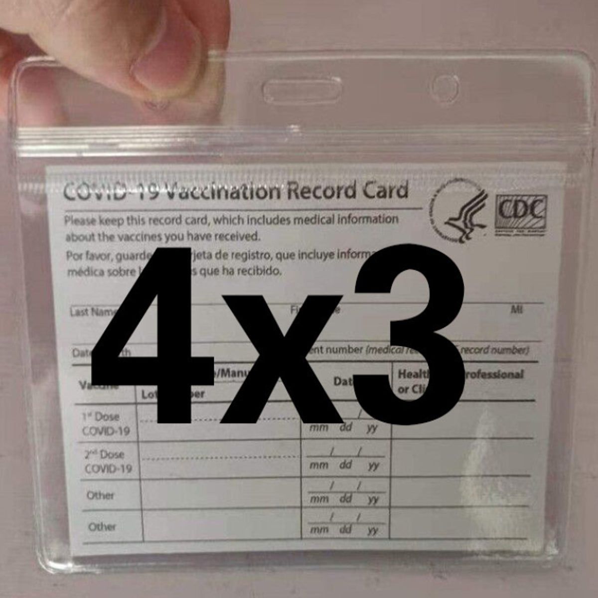 Clear vaccination record card sleeve with CDC form card insert inside