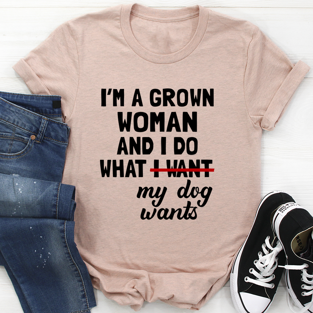 Women's graphic T-shirt, heather peach, short-sleeve with dog wants quote on front