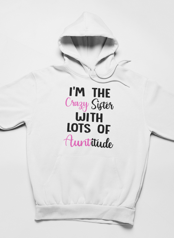 White hoodie with hood and front pocket, colorful “Crazy Sister” slogan print