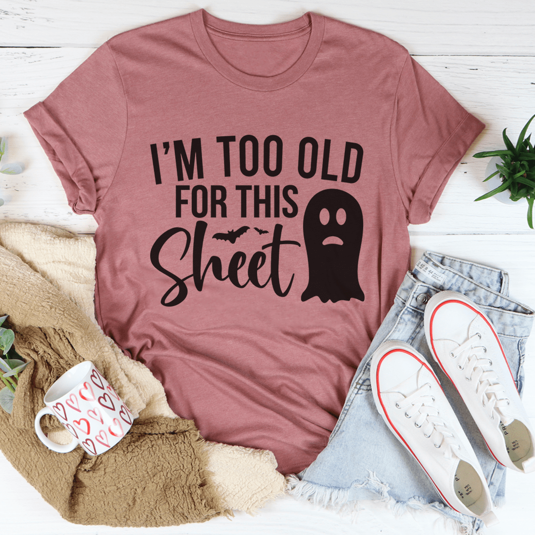 Mauve crewneck T-shirt with “sheet” text and ghost graphic front