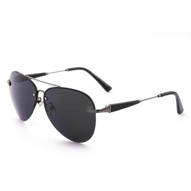 Men's black sunglasses with black round lenses and thin metal frame, side hinges
