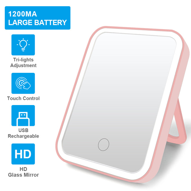 Pink-rimmed makeup mirror with LED tri-light, touch control, and rechargeable USB