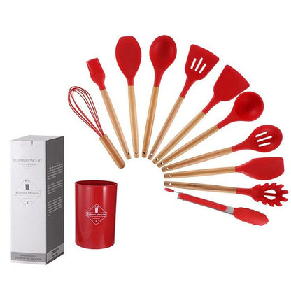Red silicone cooking utensil set with wooden handles, plus storage cup and box