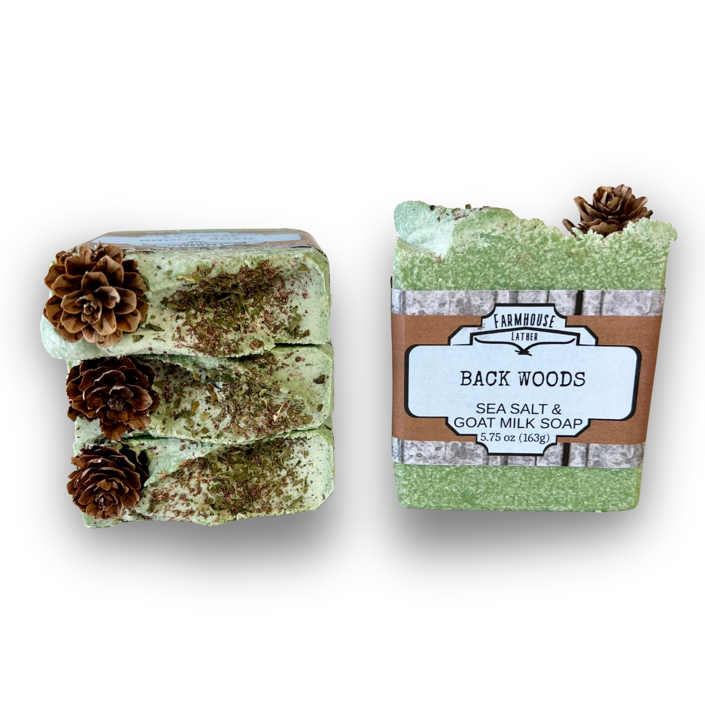 Green sea salt soap bars with pinecone accents, stacked and side by side