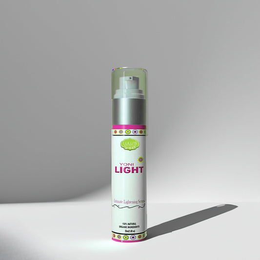 Yoni Brightening Body Serum bottle with pump, green cap and pink band label
