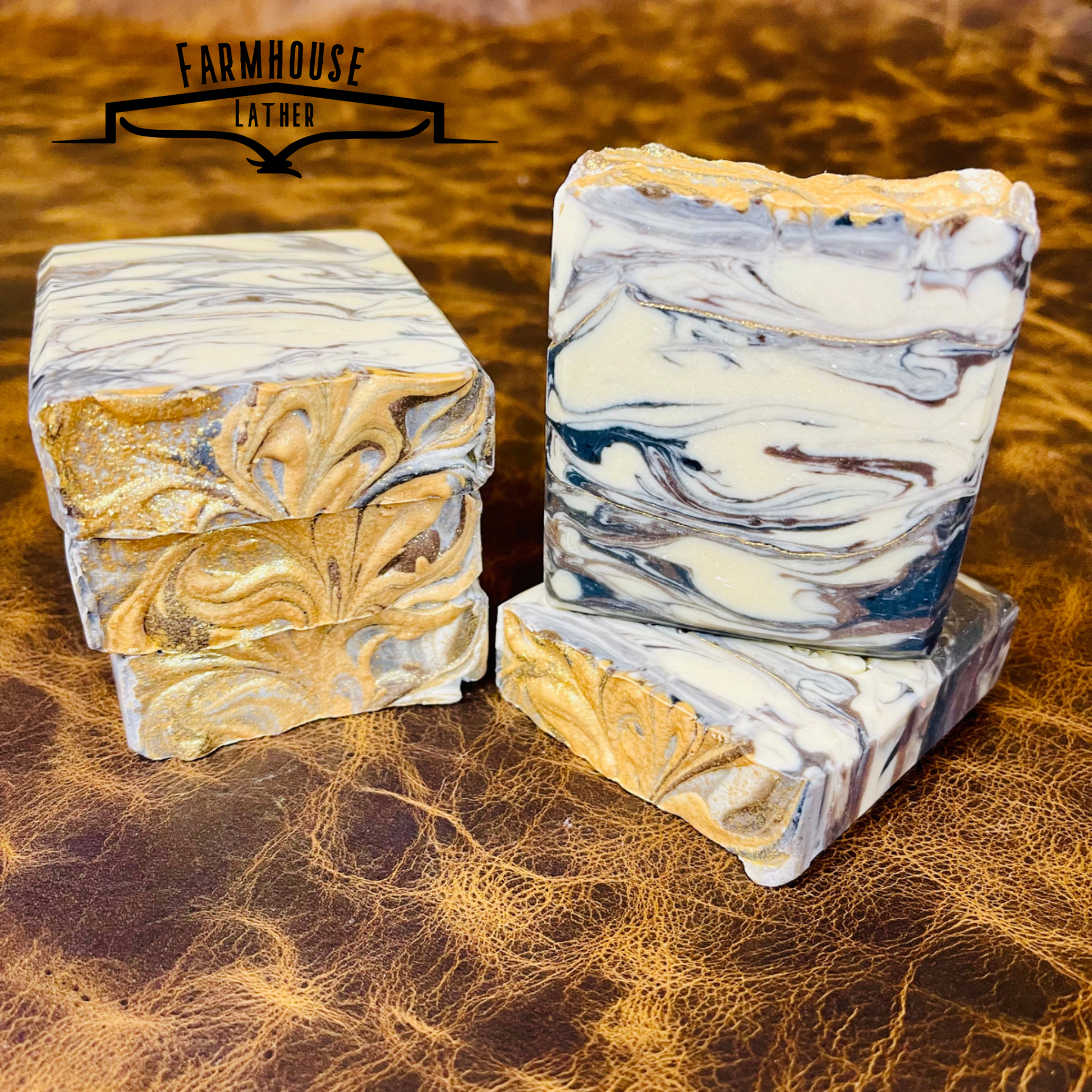 Marbled bar soap set: two rectangular bars with white and blue swirls