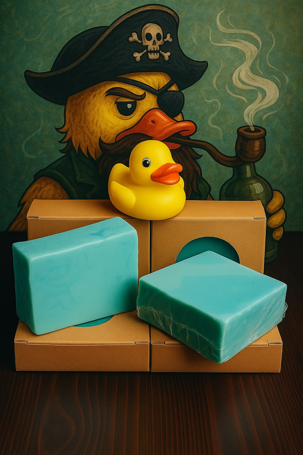 Turquoise bar soap bars in cardboard box, rectangular blocks