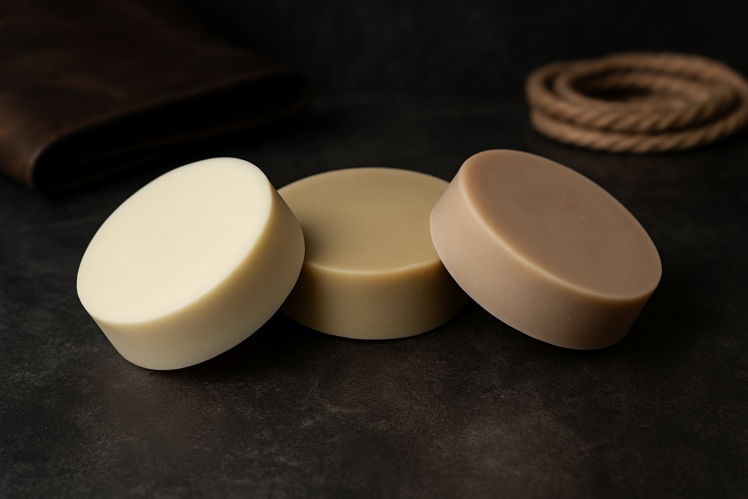 Shave soap pucks in pale cream, tan, and brown, three round blocks on dark surface