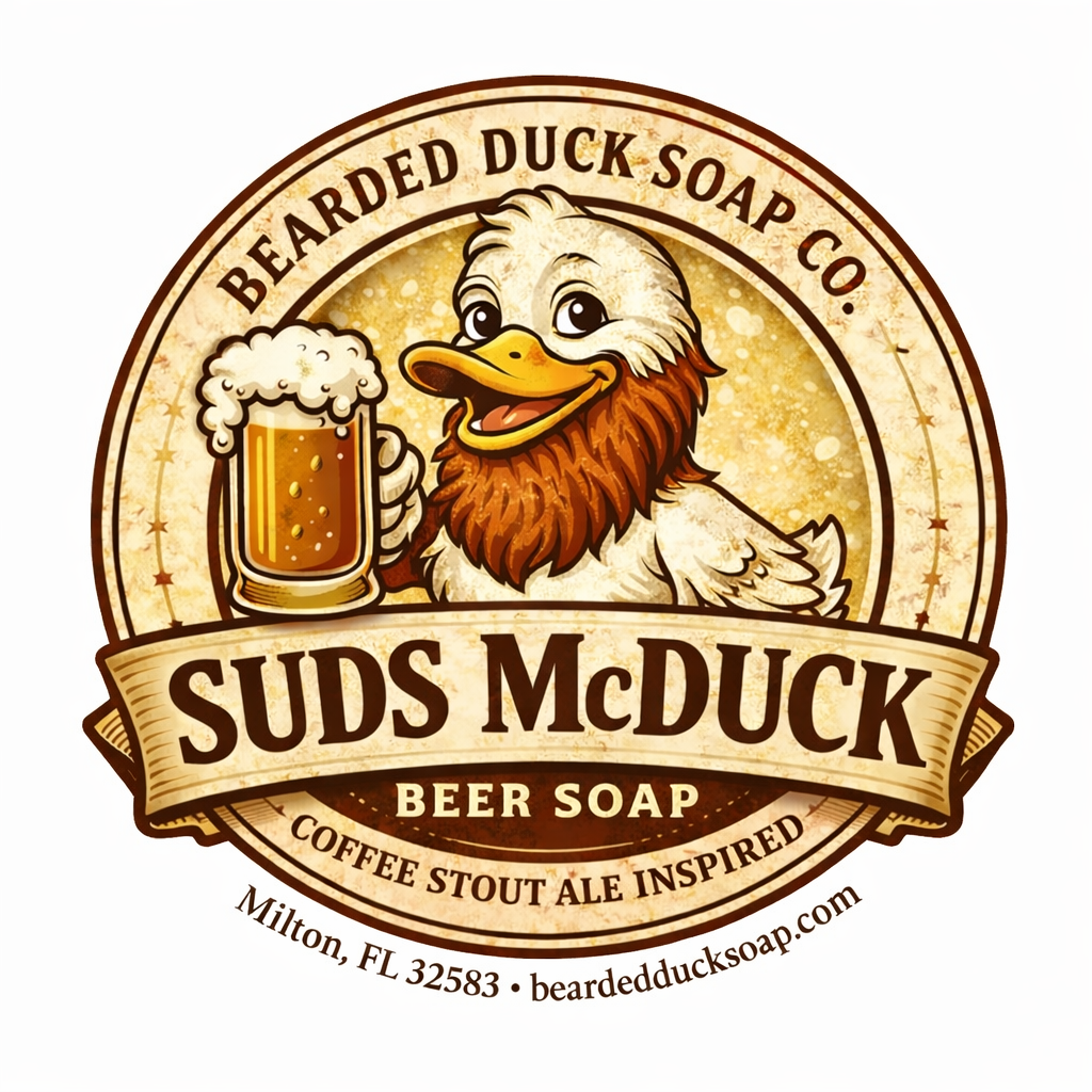 Beer soap label featuring duck with beer mug and 'Suds McDuck' banner