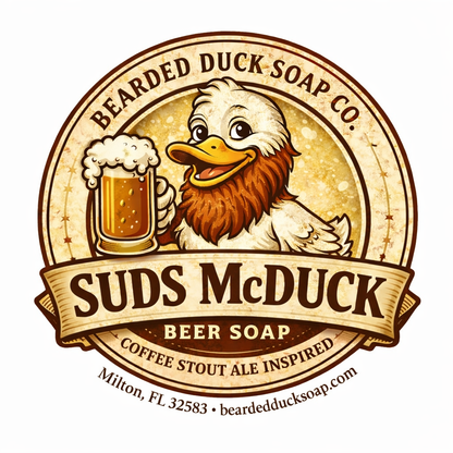 Beer soap label featuring duck with beer mug and 'Suds McDuck' banner