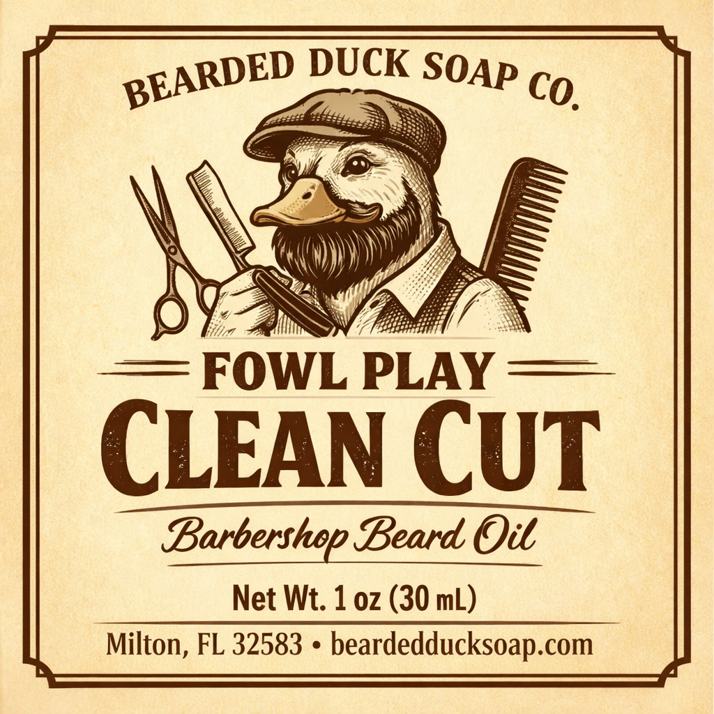 Clean cut barbershop beard oil label, 1 oz (30 mL), Bearded Duck Soap Co.