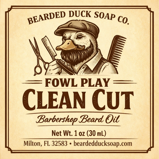 Clean cut barbershop beard oil label, 1 oz (30 mL), Bearded Duck Soap Co.