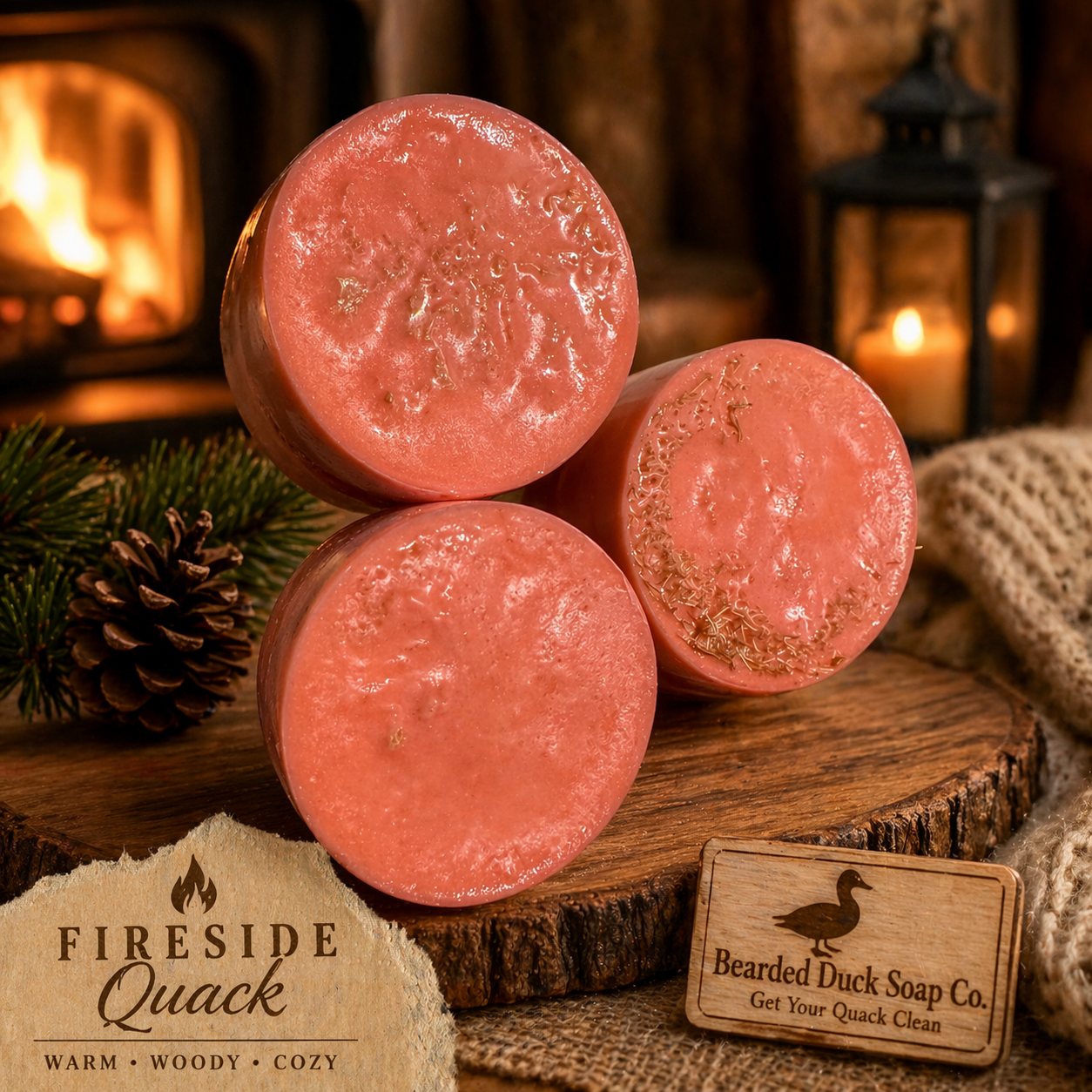 Pink round soap bars with a brand card, arranged on a wooden slice