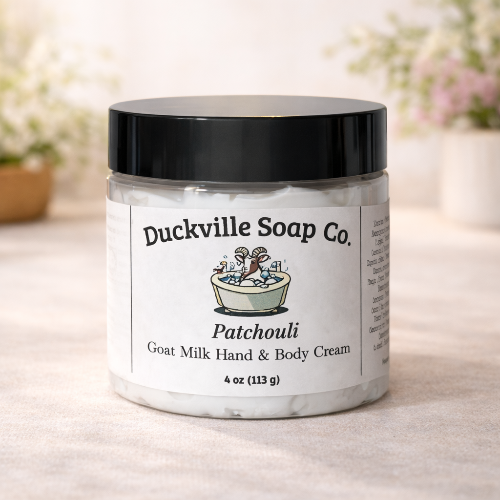Goat milk hand and body cream jar, Patchouli scent