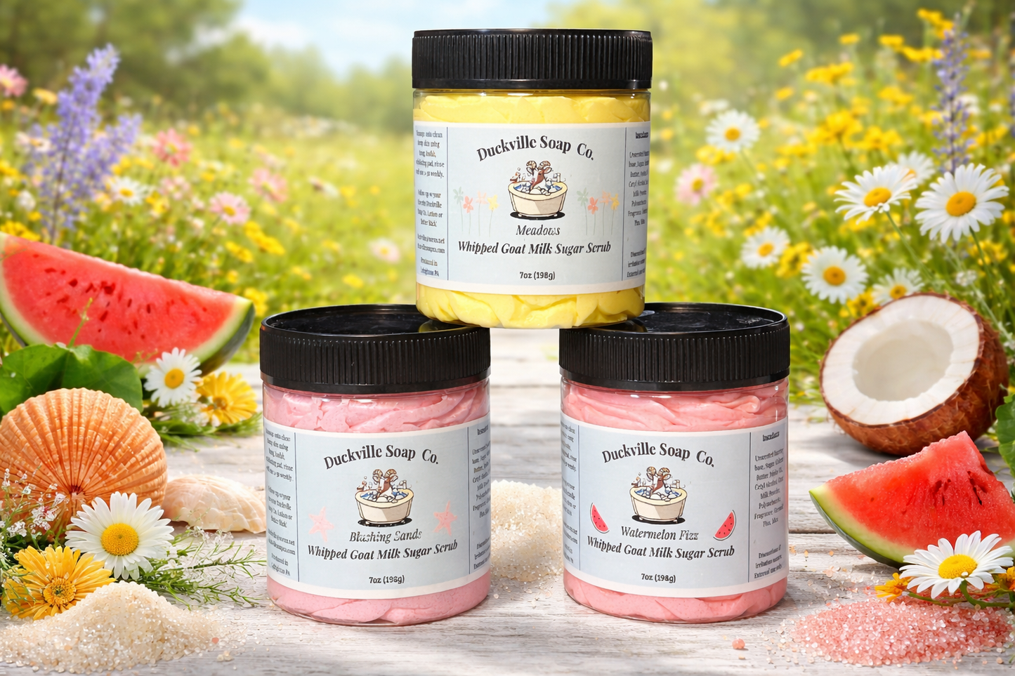 Whipped goat milk sugar scrub jars, Meadows and two other scents, black lids