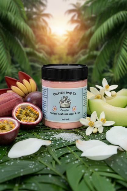Whipped goat milk sugar scrub jar, Paradise label, black lid, pale pink flakes