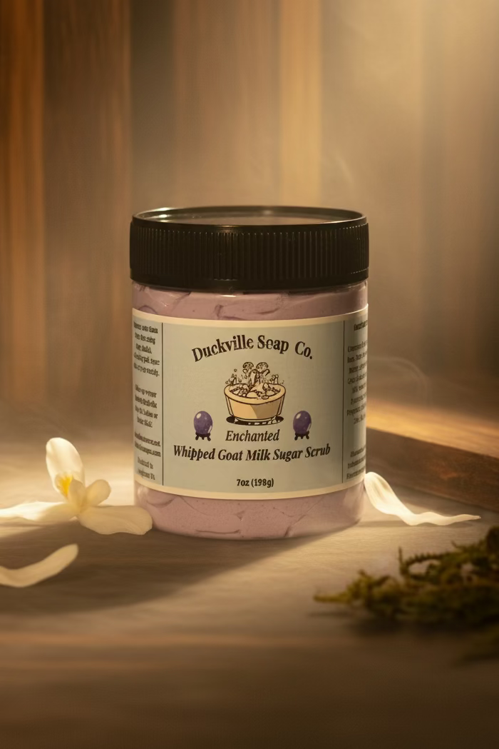 Whipped goat milk sugar scrub jar, Enchanted label, black lid, pink flakes