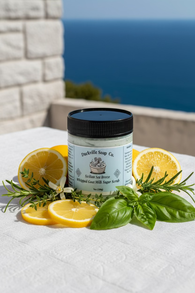 Whipped goat milk sugar scrub jar, Sicilian Sea Breeze label, black lid, pale yellow flakes