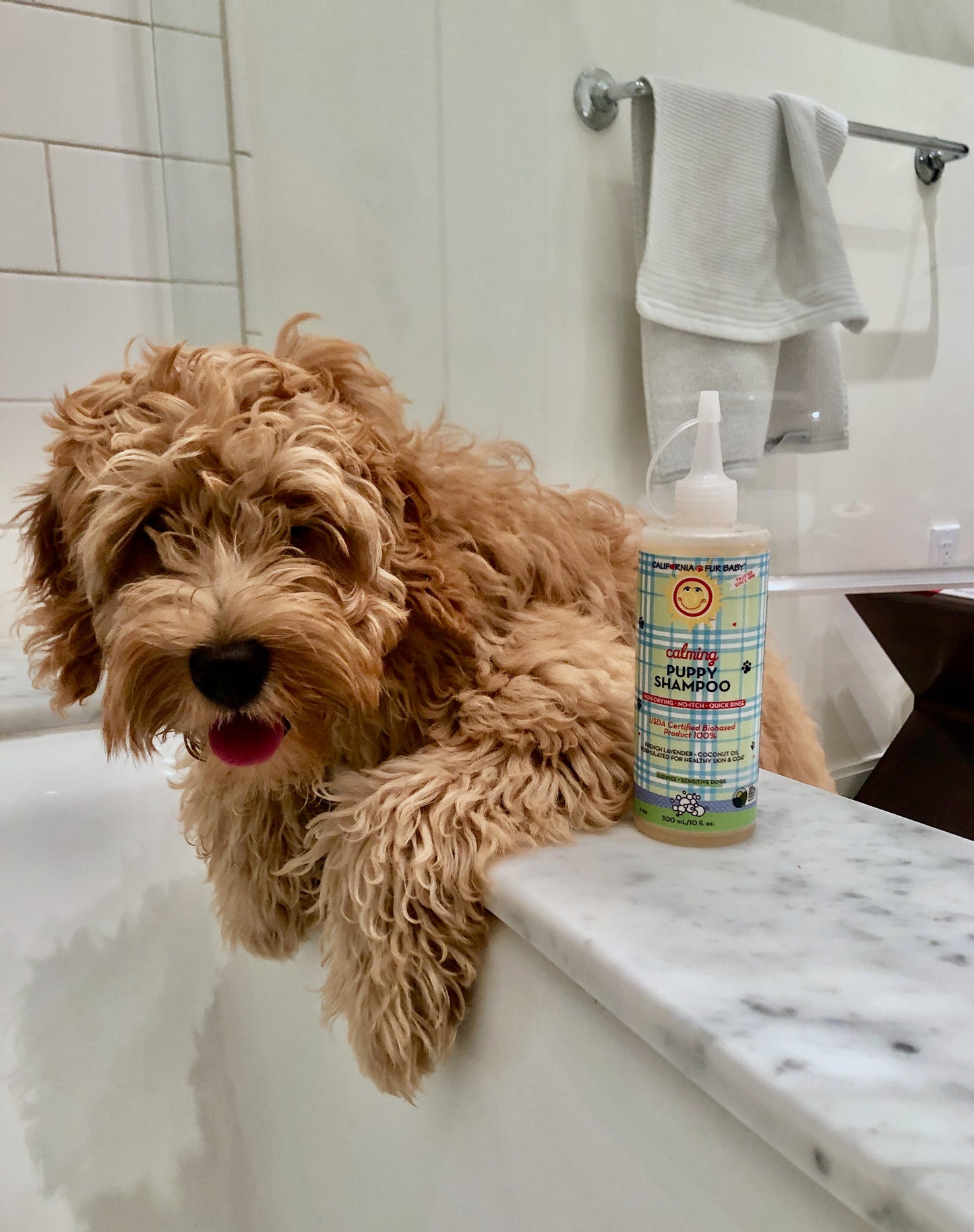 Calming puppy and dog wash bottle on bathtub ledge beside wet dog