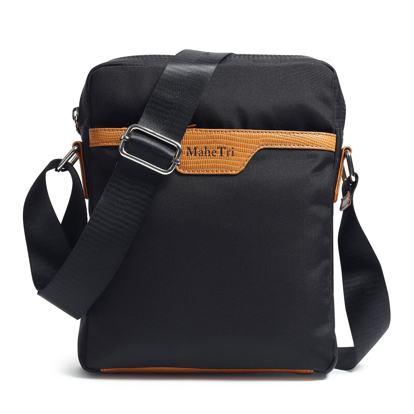 Black canvas side messenger bag with tan-trimmed front flap detail and adjustable strap