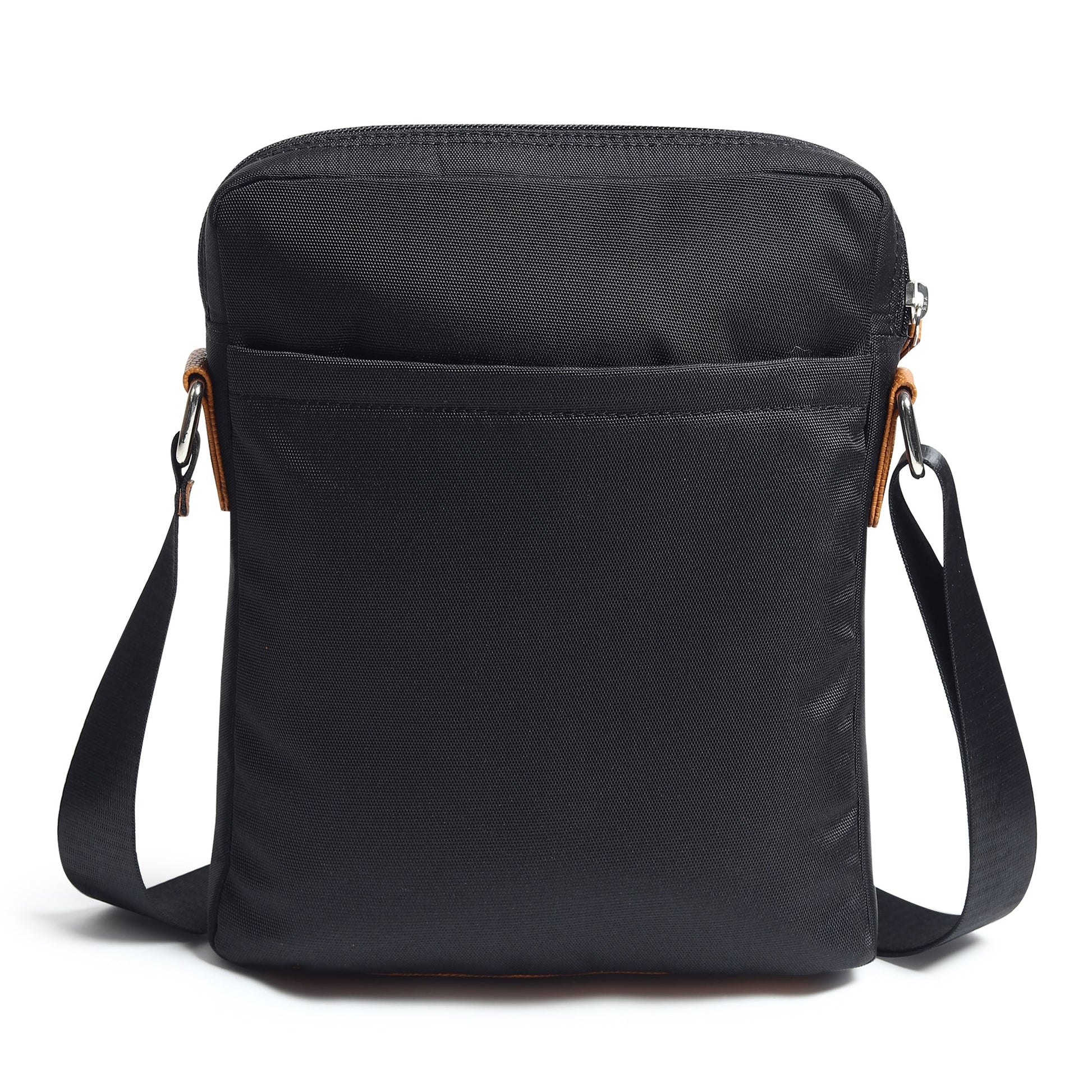 Black canvas messenger bag with side zipper and adjustable crossbody strap