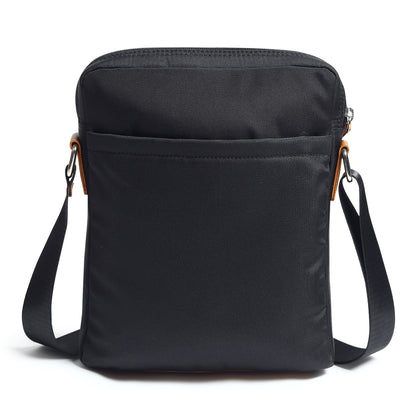 Black canvas messenger bag with side zipper and adjustable crossbody strap