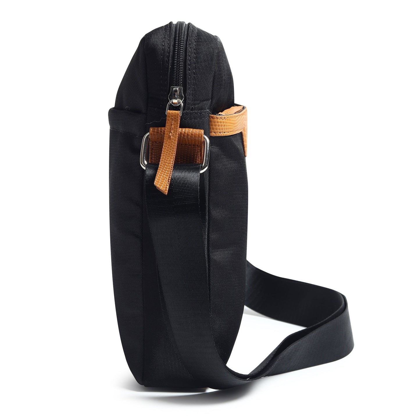Black canvas messenger bag from side view with tan accent strap and metal D-ring