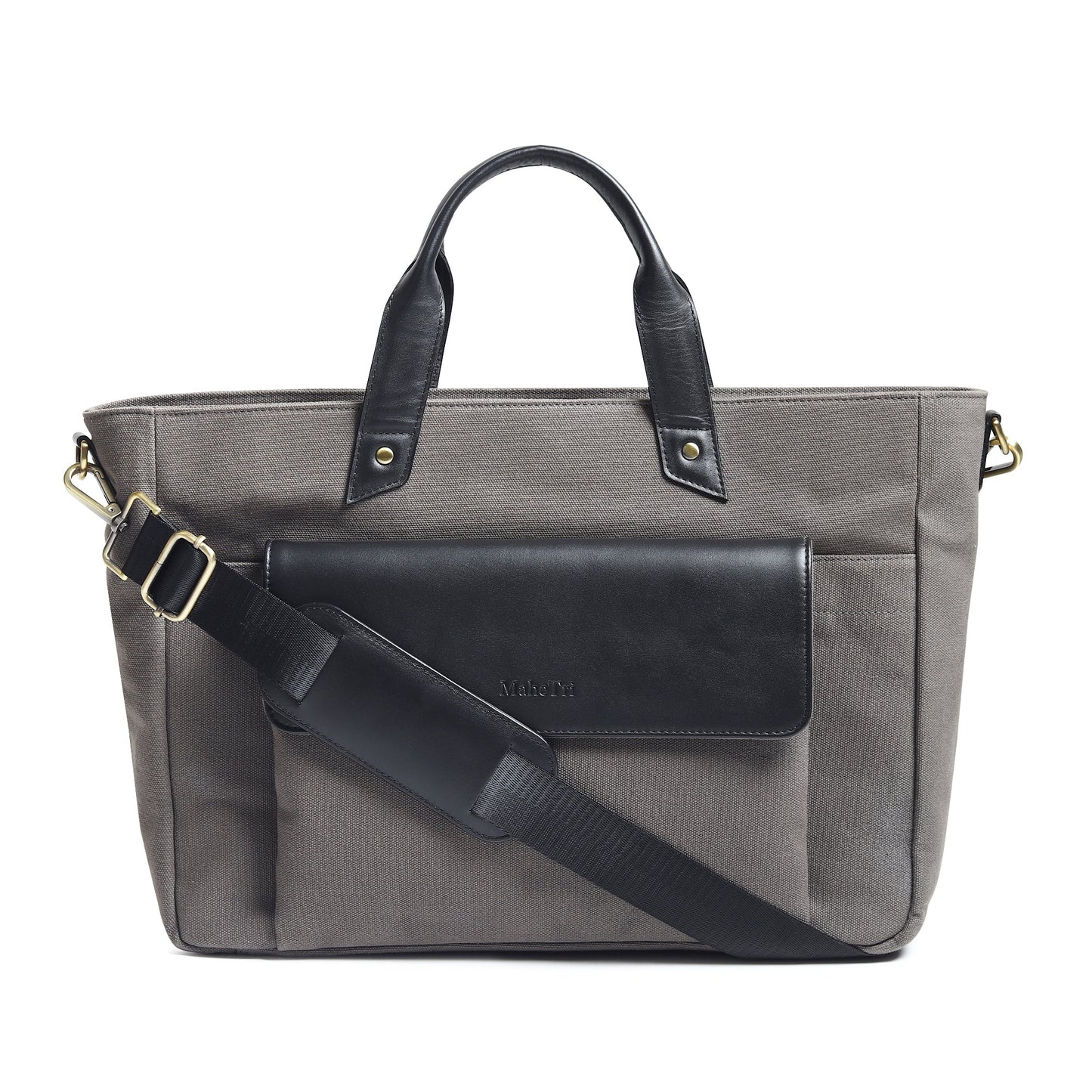 Gray canvas leather briefcase with top handles, front flap, and shoulder strap.