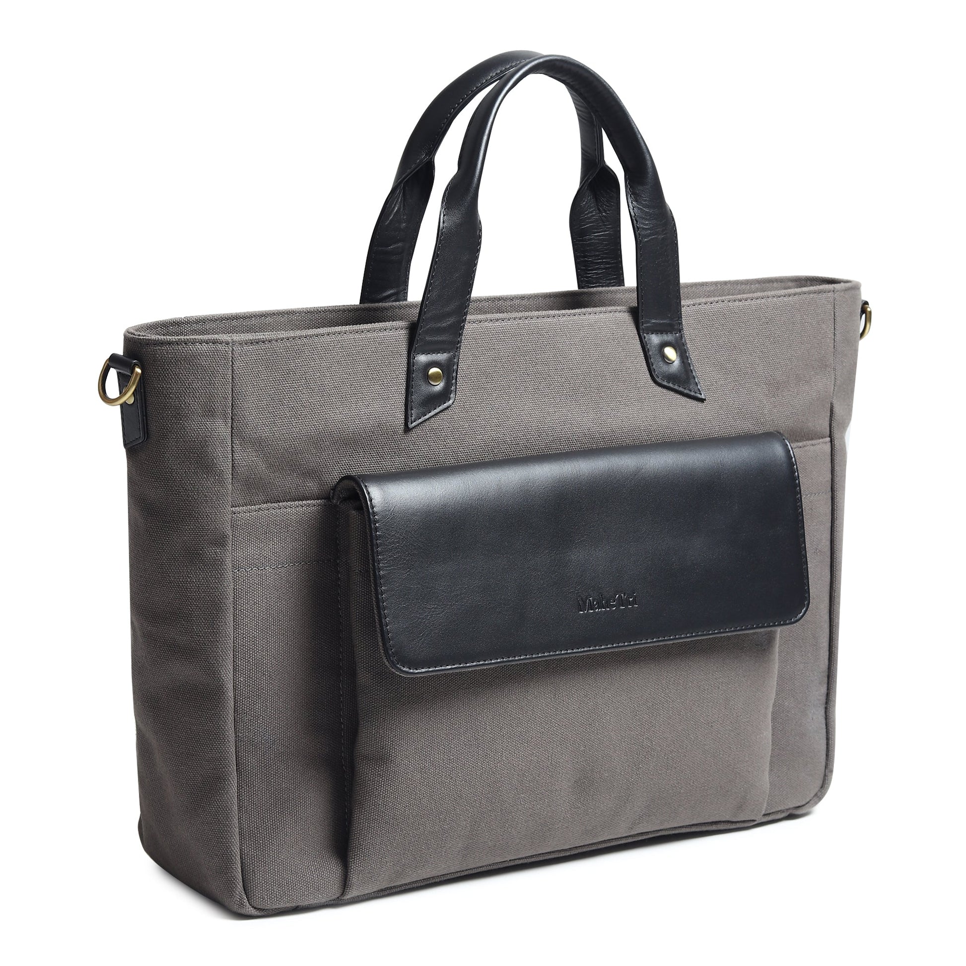 Gray canvas leather briefcase with black front flap pocket and top handles.