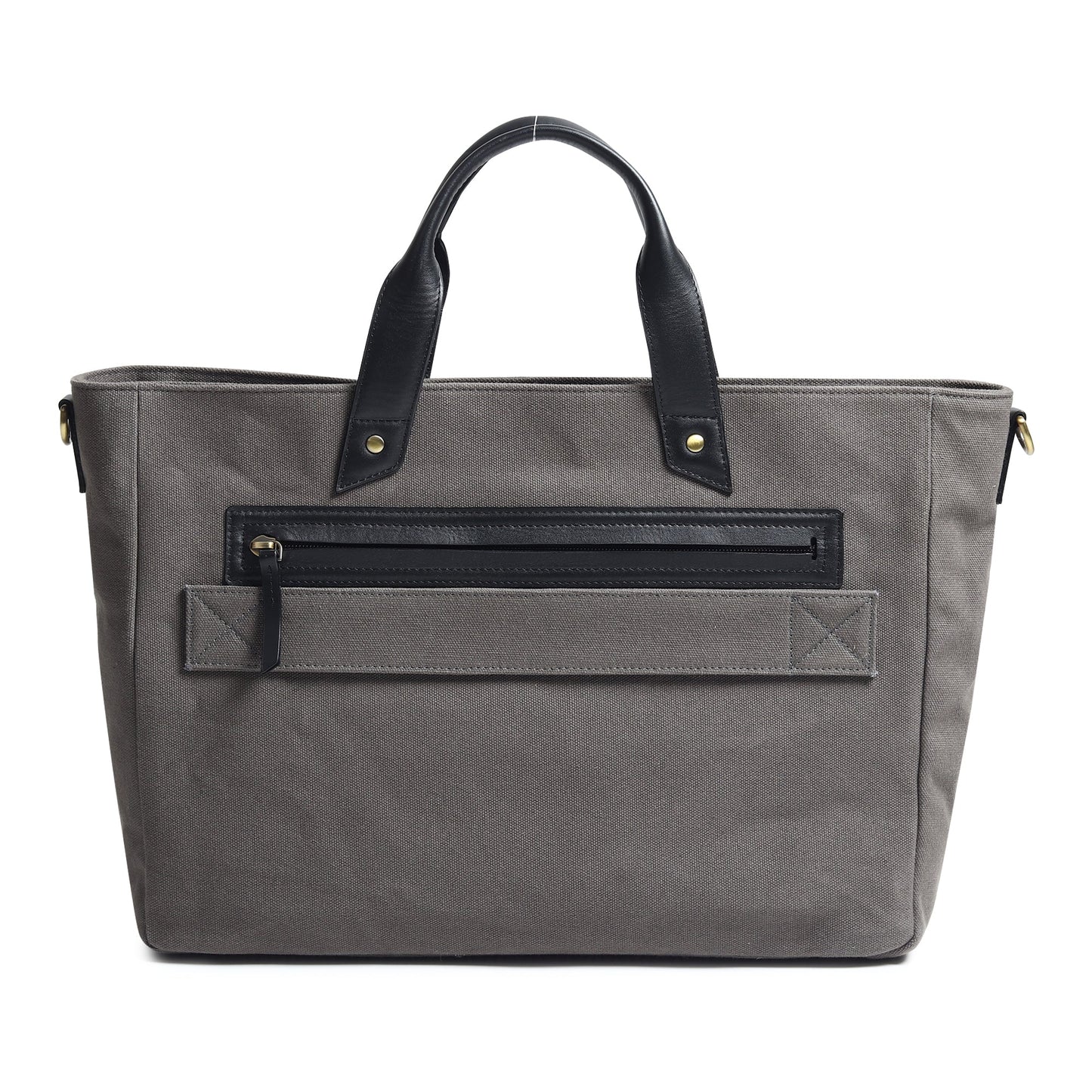 Gray canvas leather briefcase with zippered back organizer pocket and top handles.