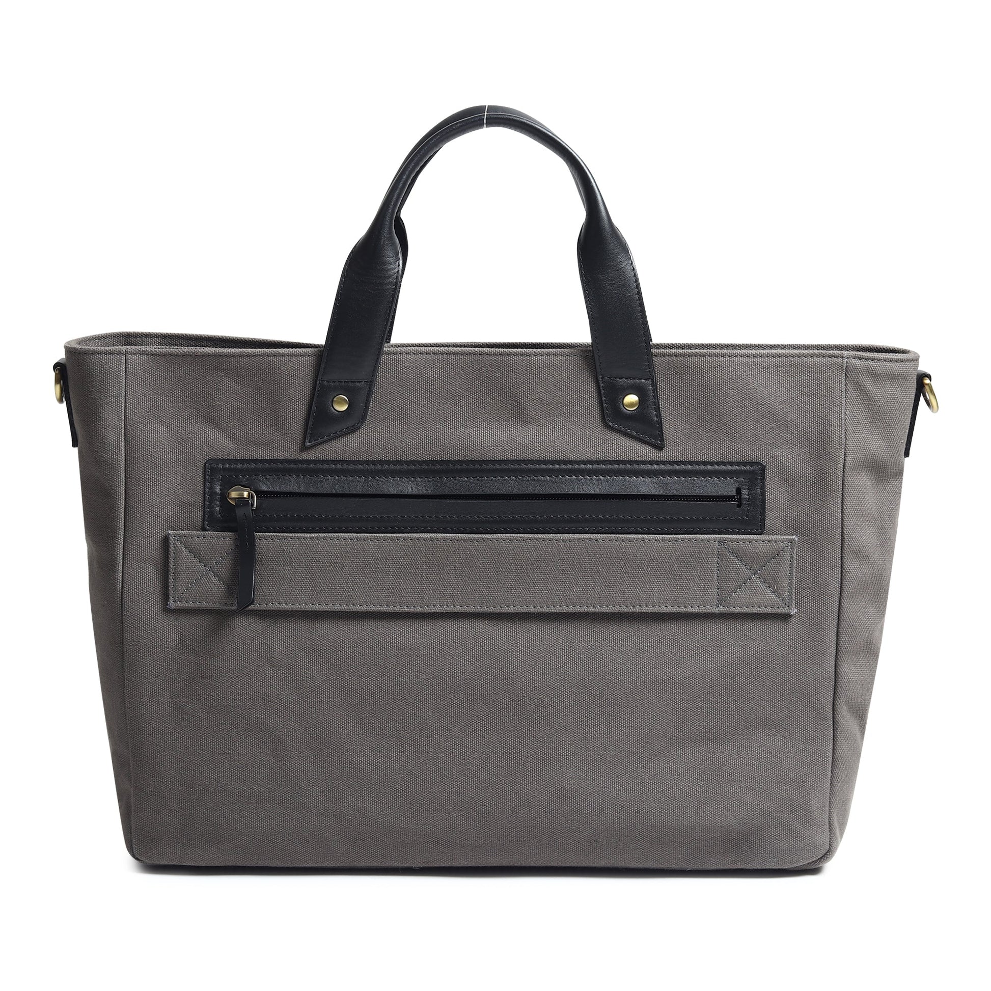 Gray canvas leather briefcase with zippered back organizer pocket and top handles.
