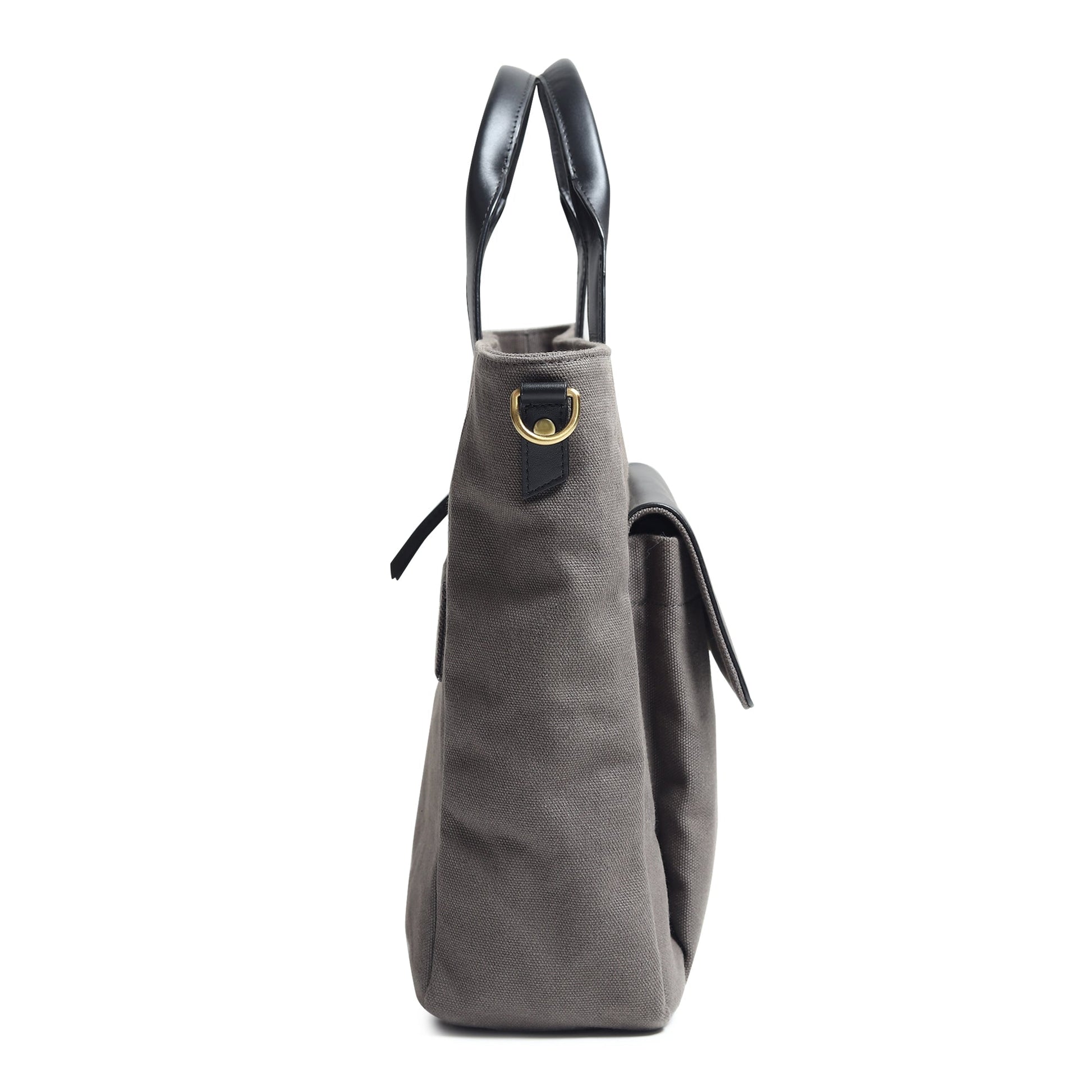 Gray canvas leather briefcase with top handle and hanging fabric pull tabs.