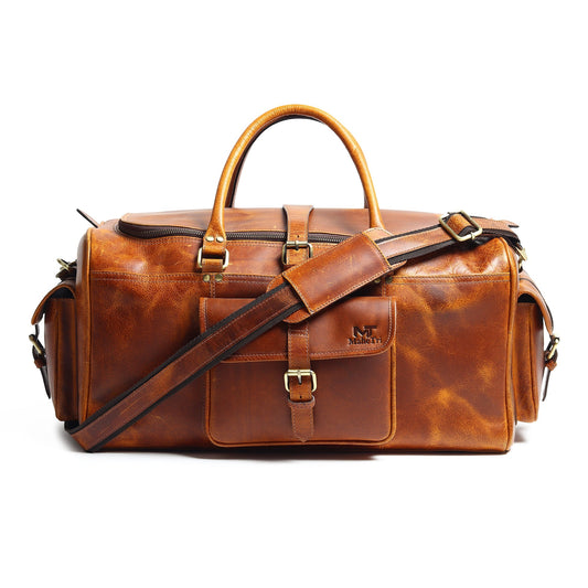 Berlin leather weekender duffle bag in brown leather with top handles and front buckle pocket