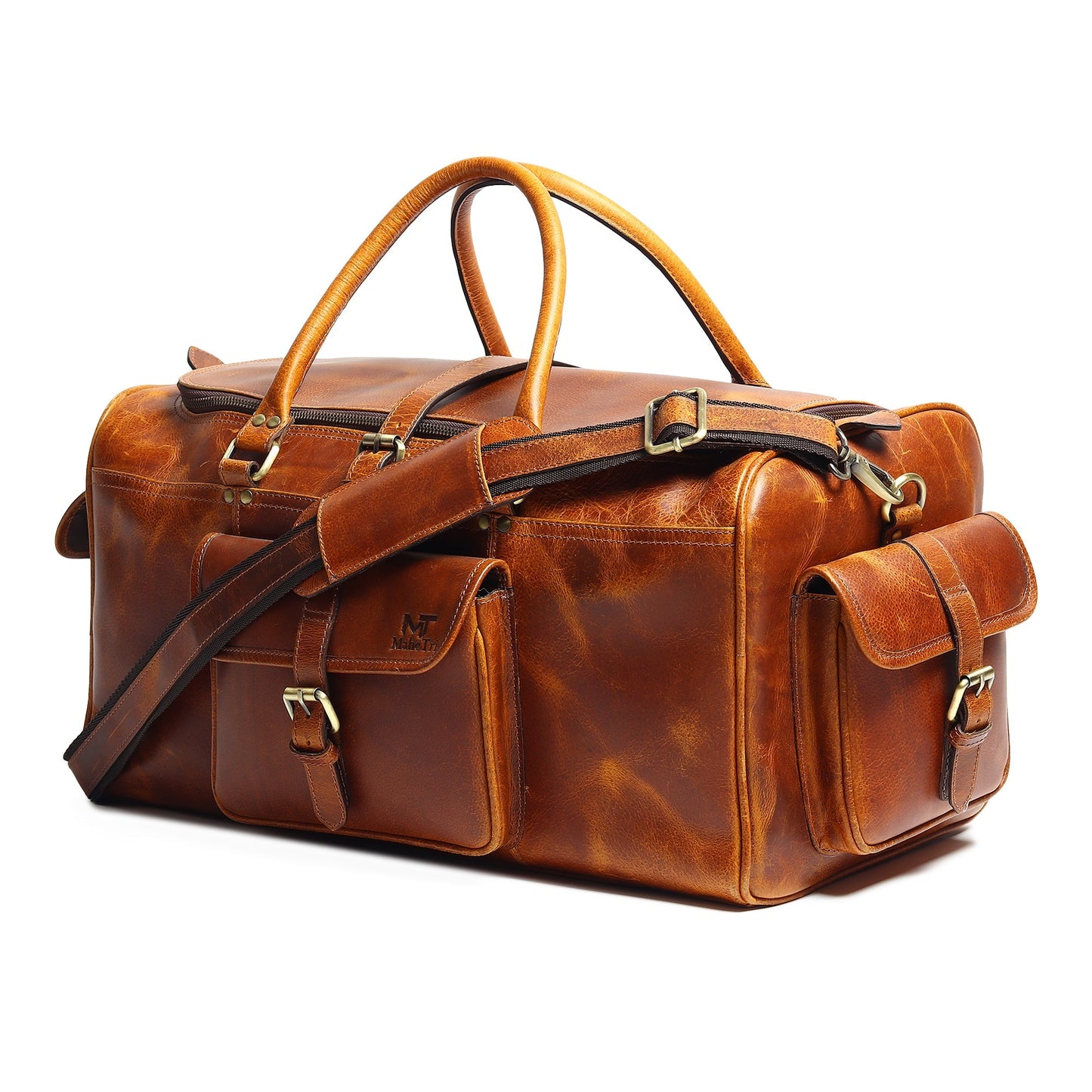 Berlin leather weekender duffle bag in brown leather with top handles and side zipper pocket