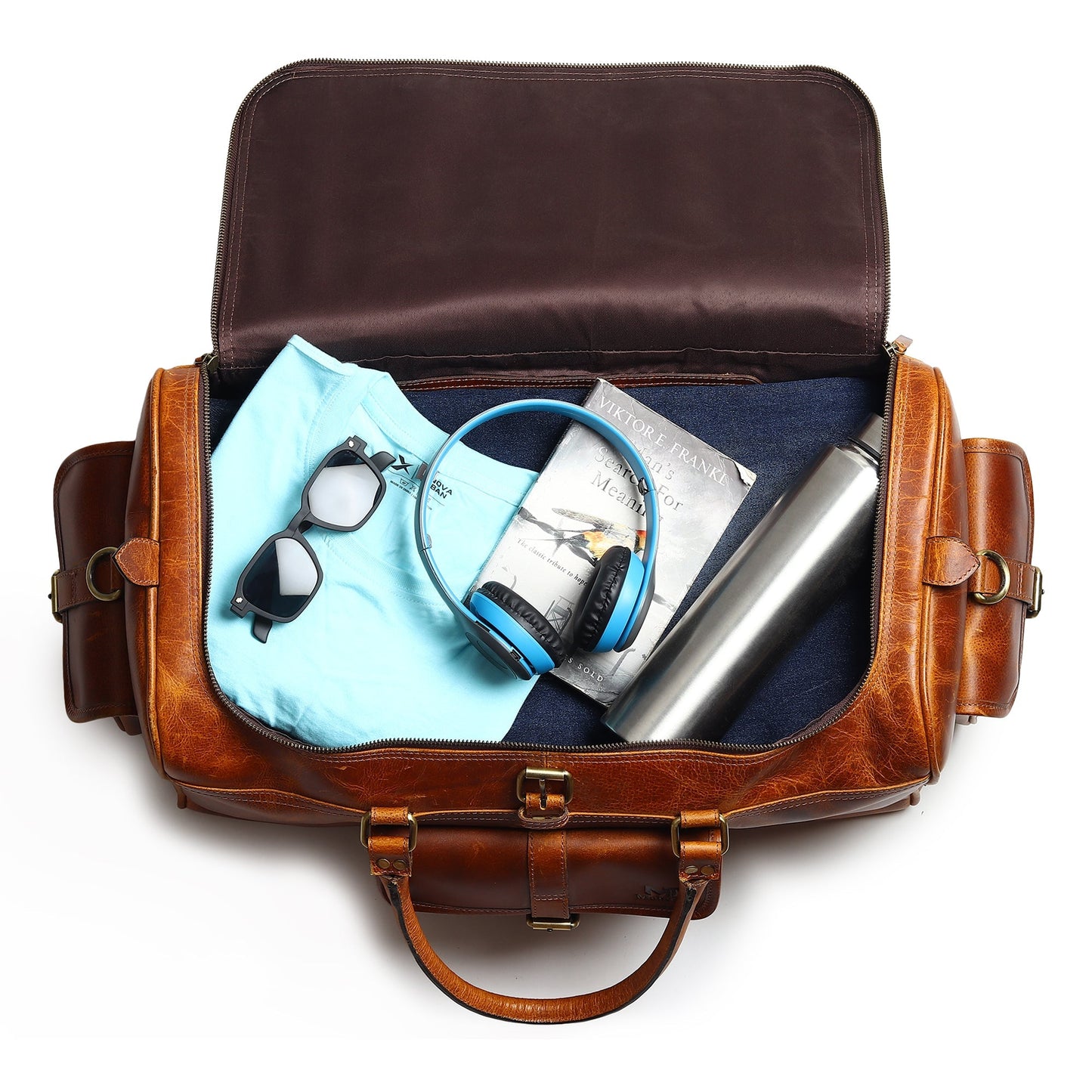 Berlin leather weekender duffle bag in brown leather with open top showing padded interior