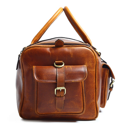 Berlin leather weekender duffle bag with brown leather front flap pocket and carry handle