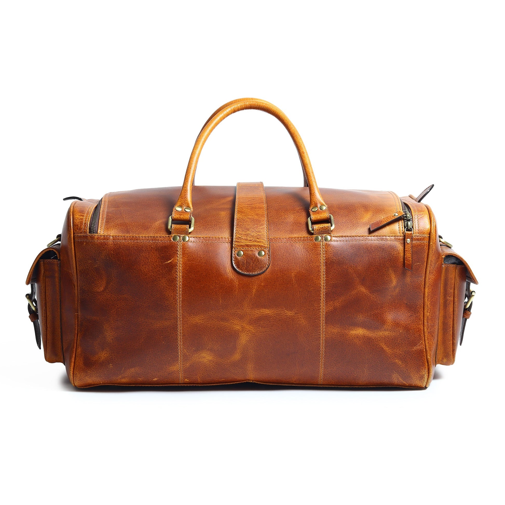 Berlin leather weekender duffle bag in brown leather with central top handle and side strap loops